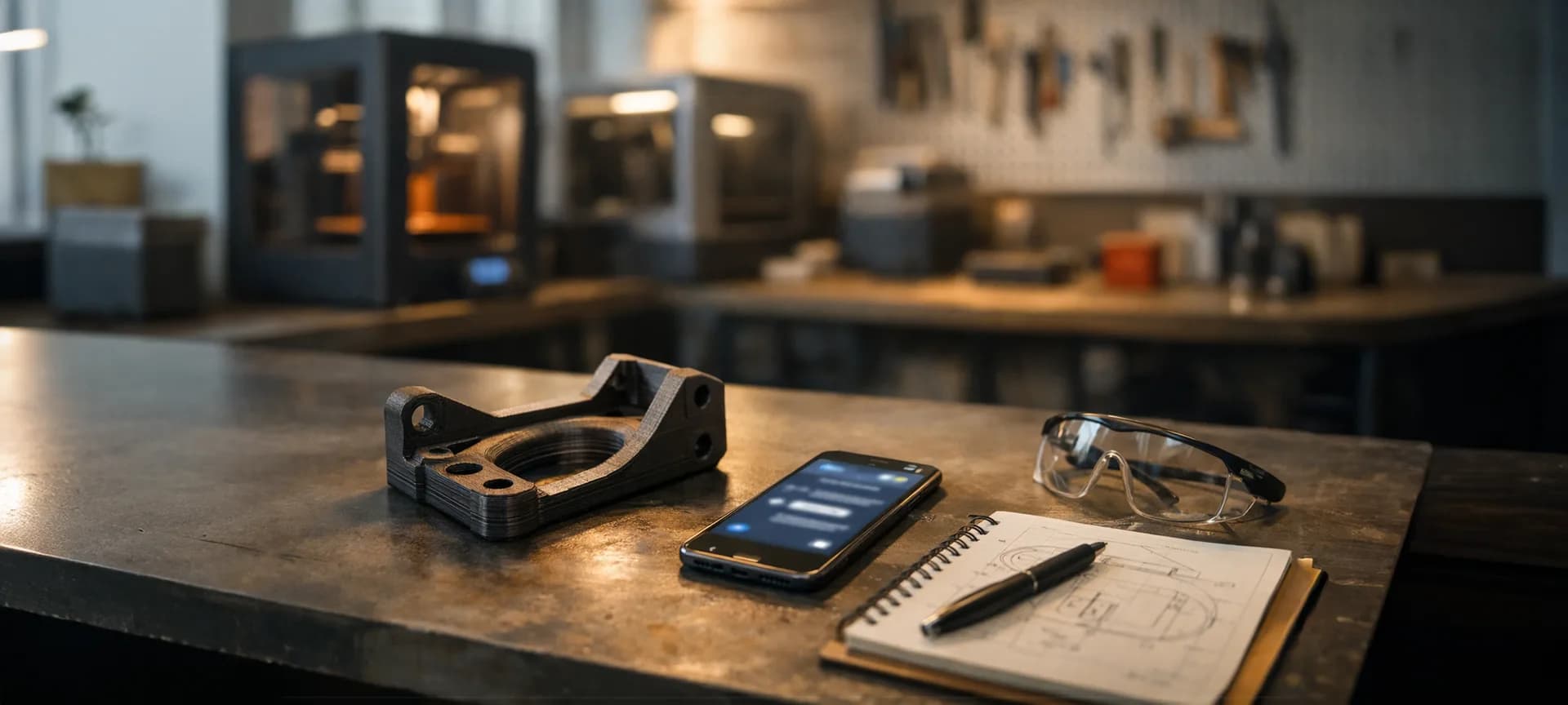 Werkplaats met 3D-printers, een geprint onderdeel en een schetsboek op de werkbank
