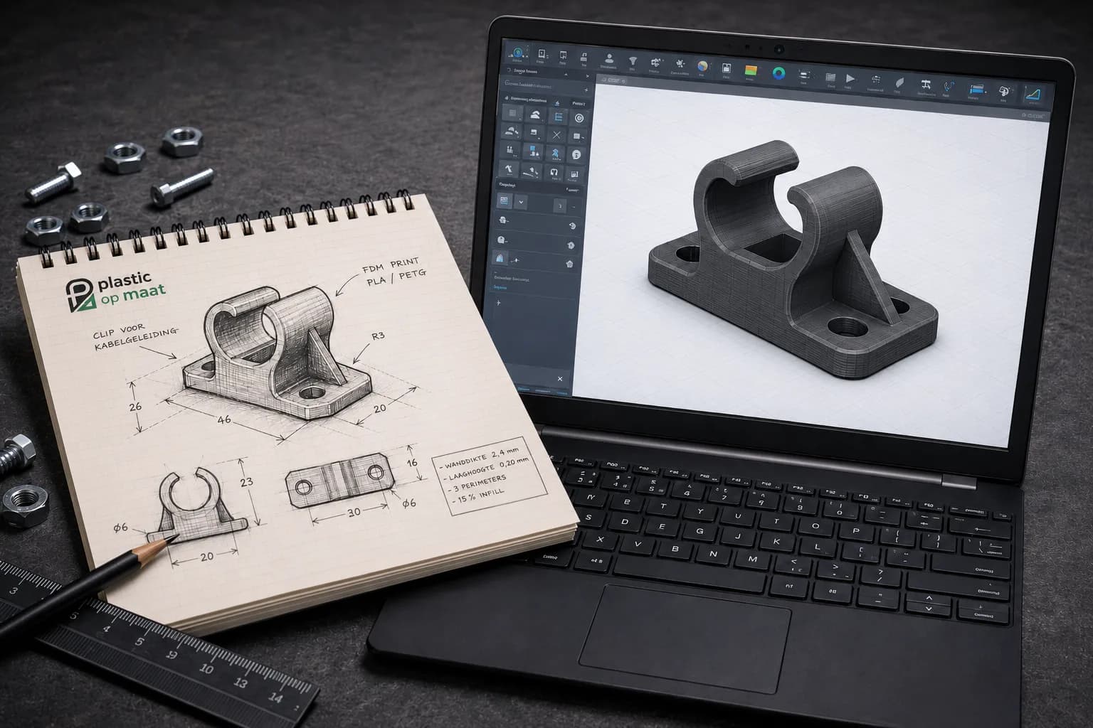 3D-CAD-model van een kabelclip op laptop naast de originele ontwerpschets