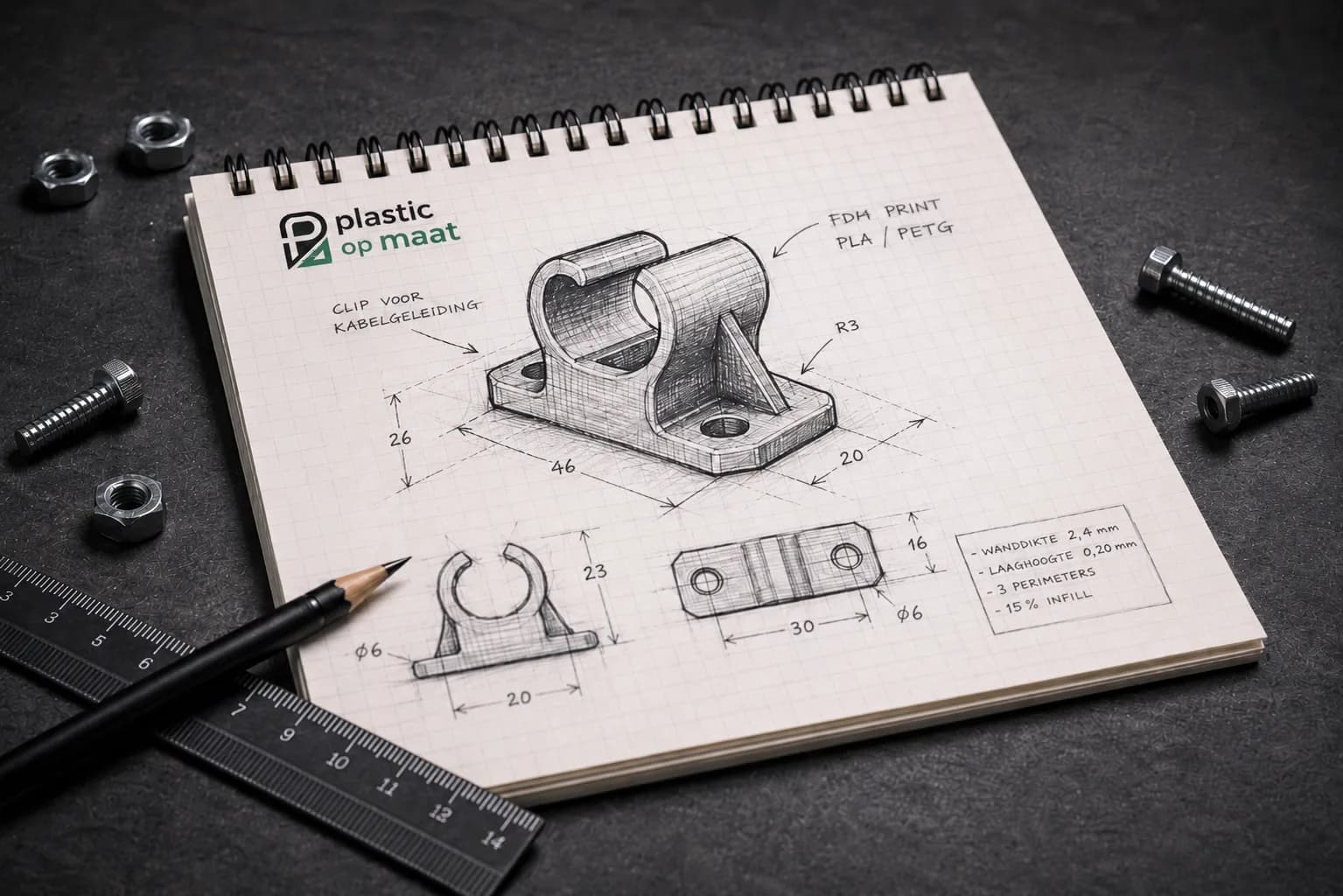 Handgetekende ontwerpschets van een 3D-geprinte kabelclip met maatvoering