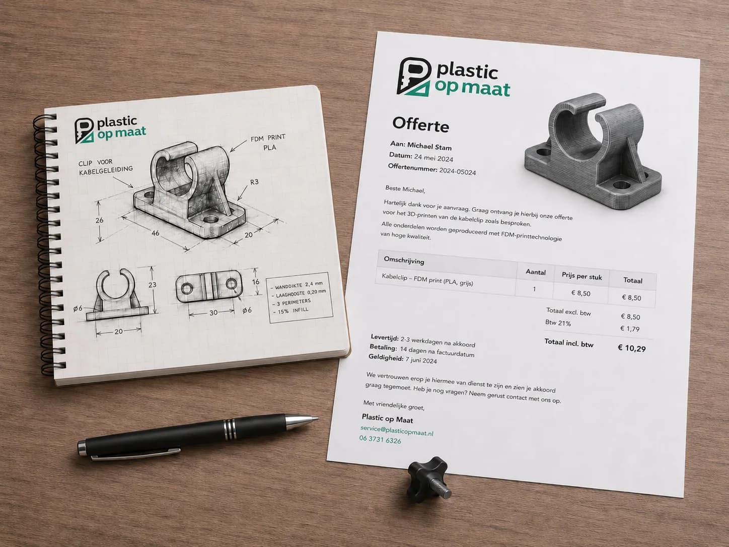 Vrijblijvende offerte voor een 3D-geprinte maatwerk kabelclip met prijs en levertijd