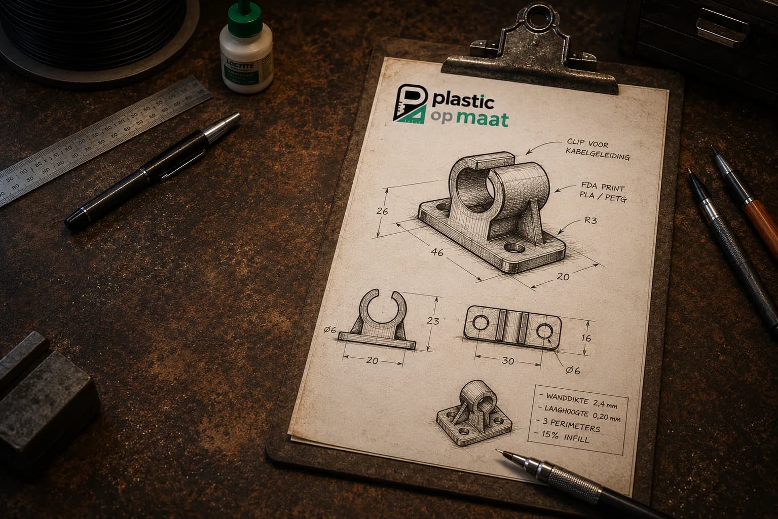 Technische maatwerktekening van een 3D-geprinte kabelclip, werkwijze Plastic op Maat