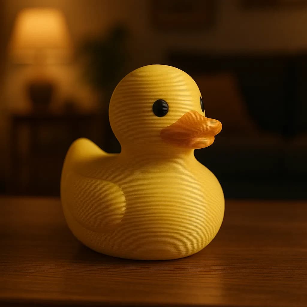 Gele 3D-geprinte badeend op een tafel