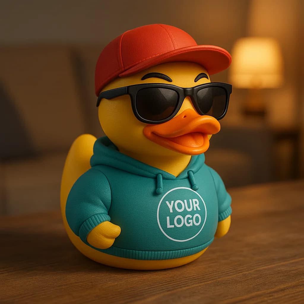 3D-geprinte badeend met zonnebril en bedrukte hoodie