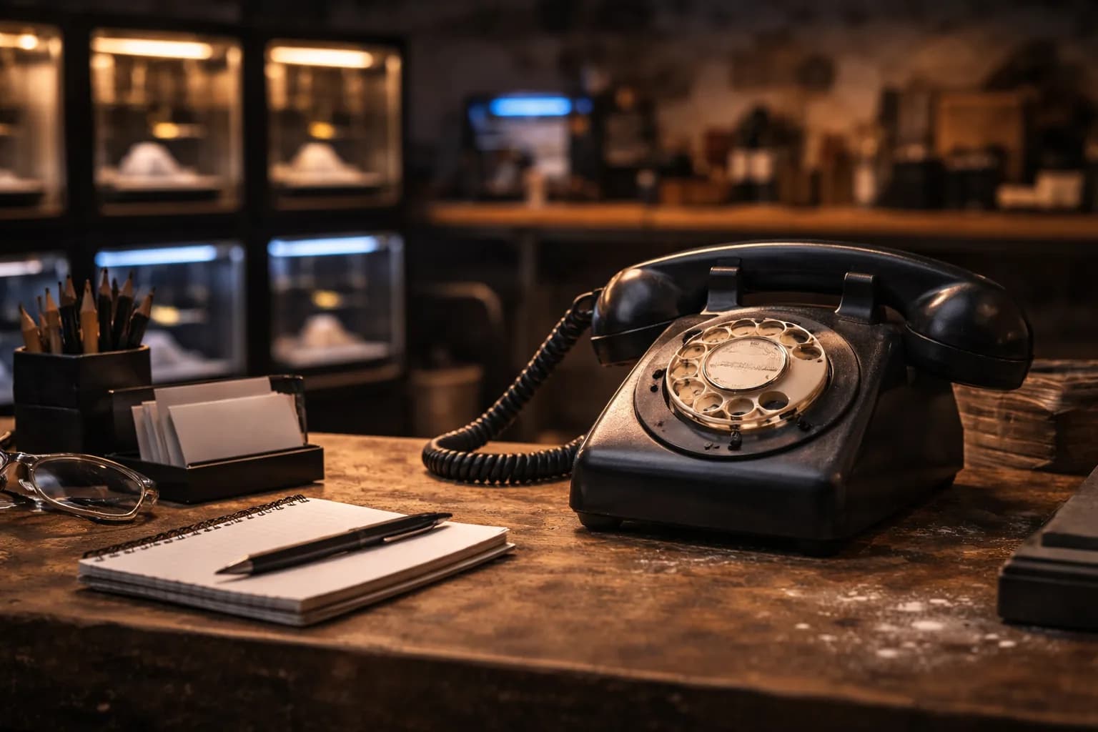 Vintage draaischijftelefoon op een houten bureau