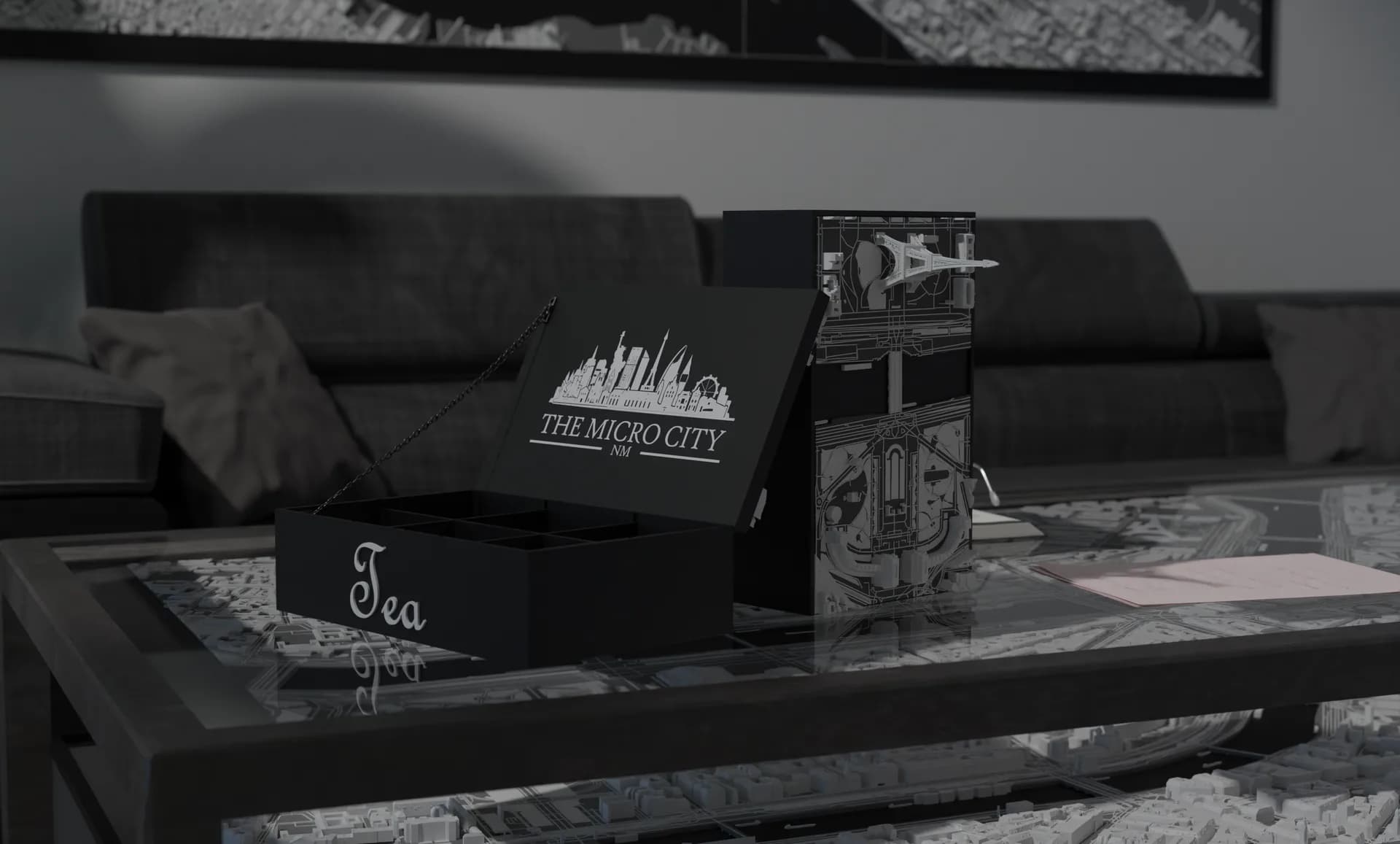 3D-geprinte miniatuurstad in zwart, grijs en wit als decoratief object