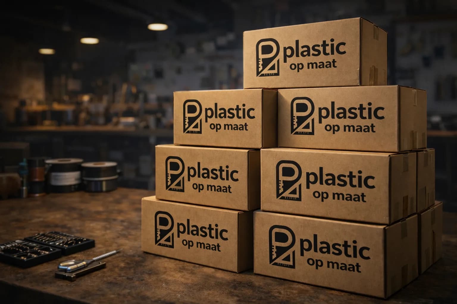 Gestapelde verzenddozen met het Plastic op Maat-logo
