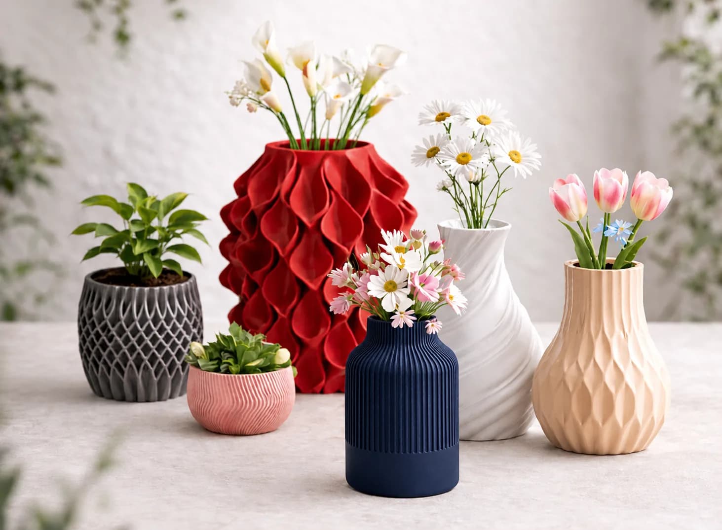 3D-geprinte designvazen en plantenpotten in verschillende vormen en kleuren