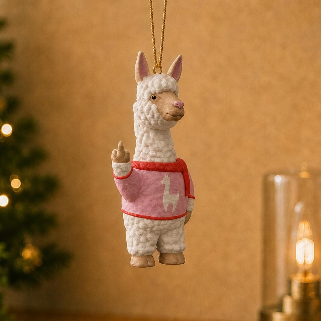 Funny white llama ornament hanging beside a decorated Christmas tree and warm lamp, wearing a pink sweater and raising its middle finger.