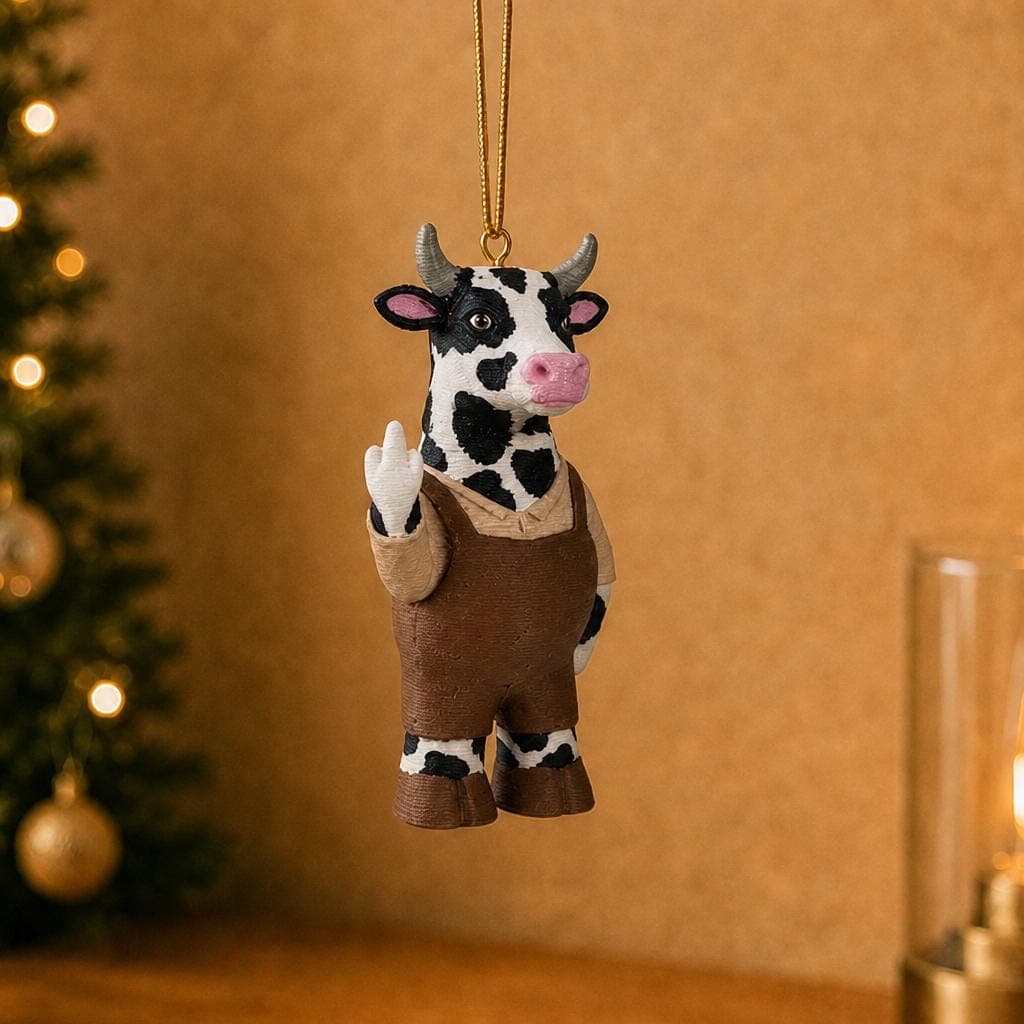 Funny black and white cow ornament hanging beside a decorated Christmas tree, wearing brown overalls and raising its middle finger.