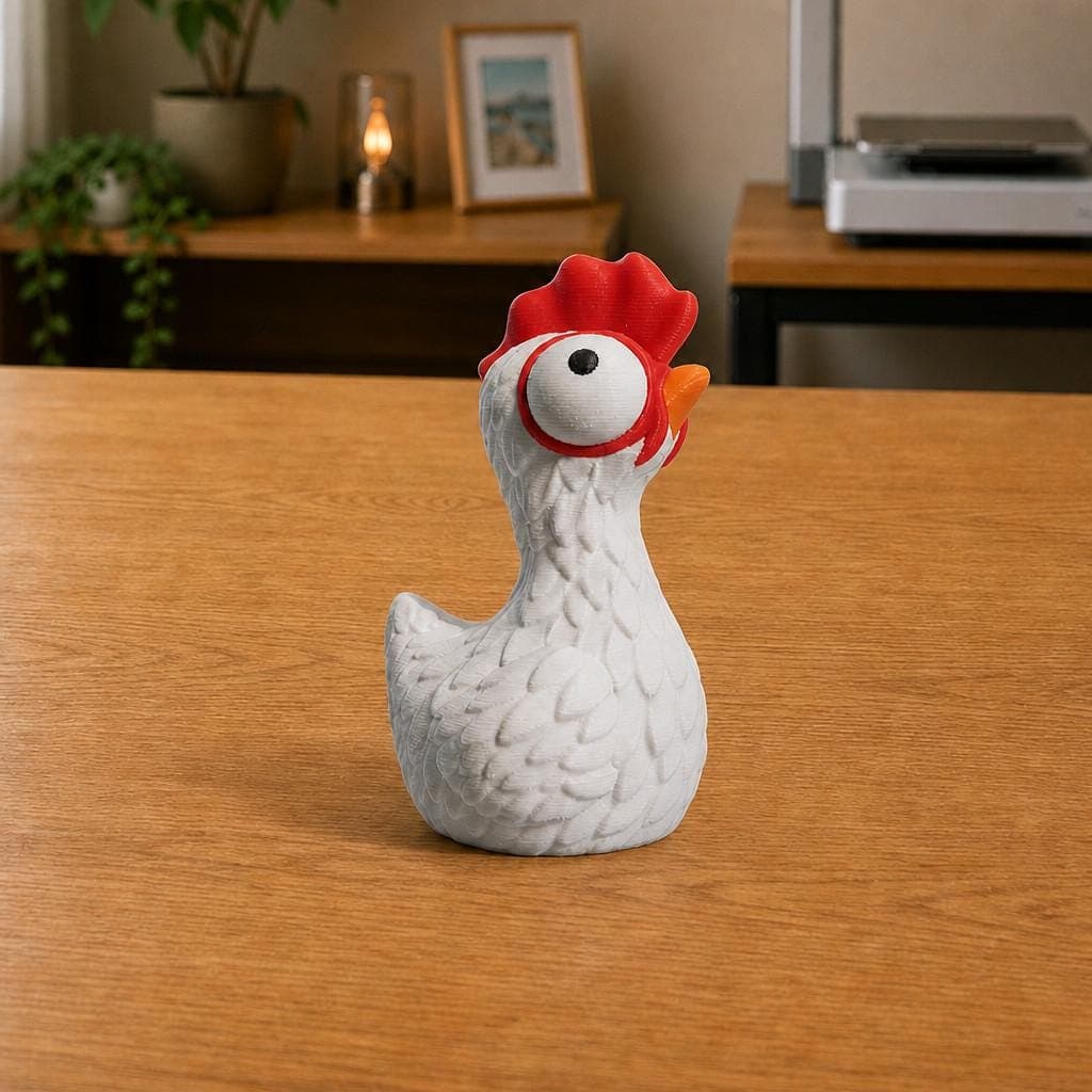 Whimsical white chicken figurine with an oversized round eye, orange beak, red comb and textured feather pattern, shown from the side.