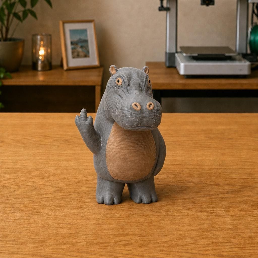 Funny grey hippopotamus figurine with a rounded snout and tan belly, shown from the front making a cheeky raised middle-finger gesture.