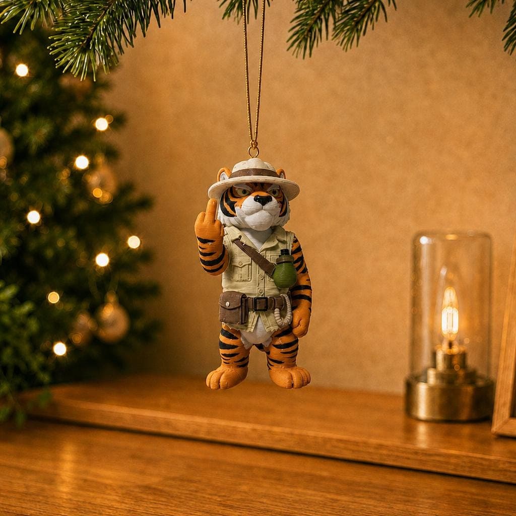 Funny tiger explorer Christmas ornament hanging beside a decorated tree, wearing sunglasses, a safari hat and utility gear with a raised middle finger.