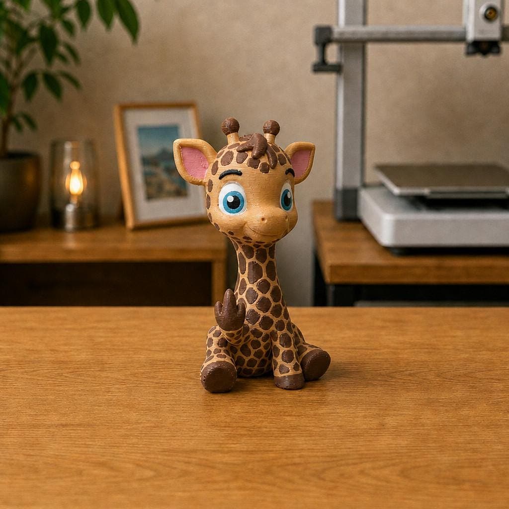 Cute seated giraffe figurine with large blue eyes, a tan coat and dark brown spots, shown from the front making a cheeky raised middle-finger gesture.