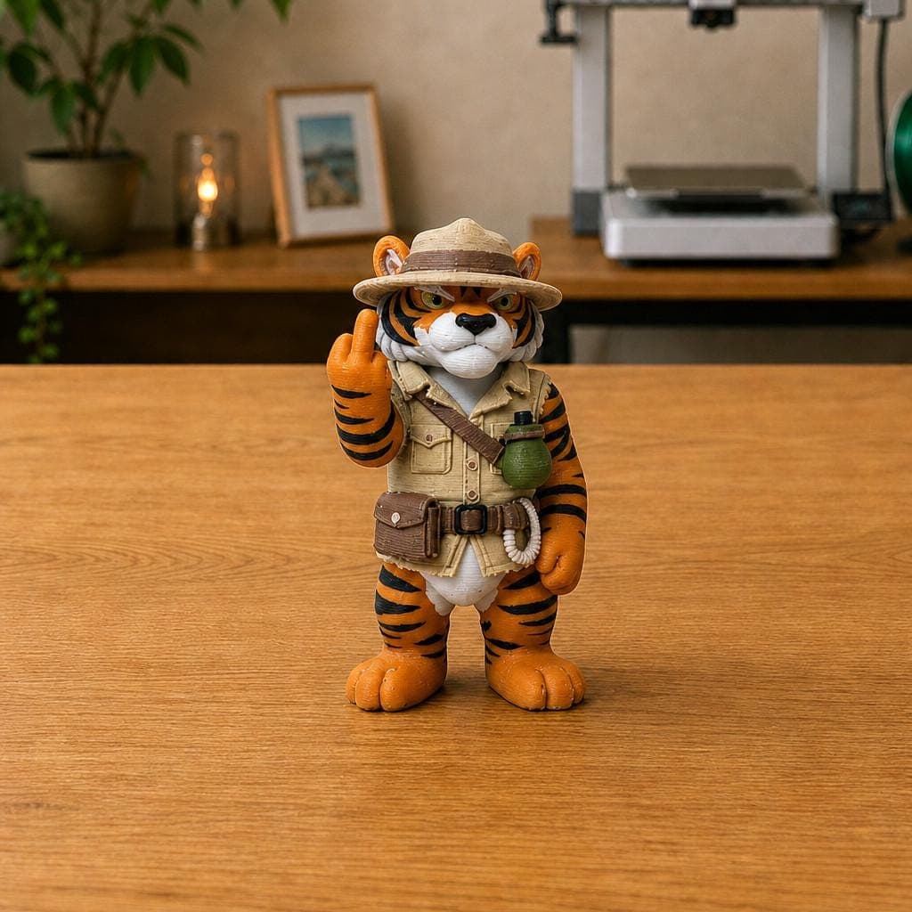 Funny striped tiger explorer figurine wearing sunglasses, a beige safari hat and utility outfit, shown making a raised middle-finger gesture.