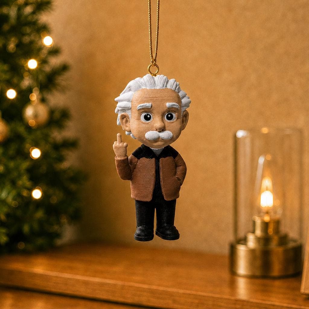 Funny Albert Einstein ornament hanging beside a decorated Christmas tree and warm lamp, with white hair, moustache and raised middle finger.