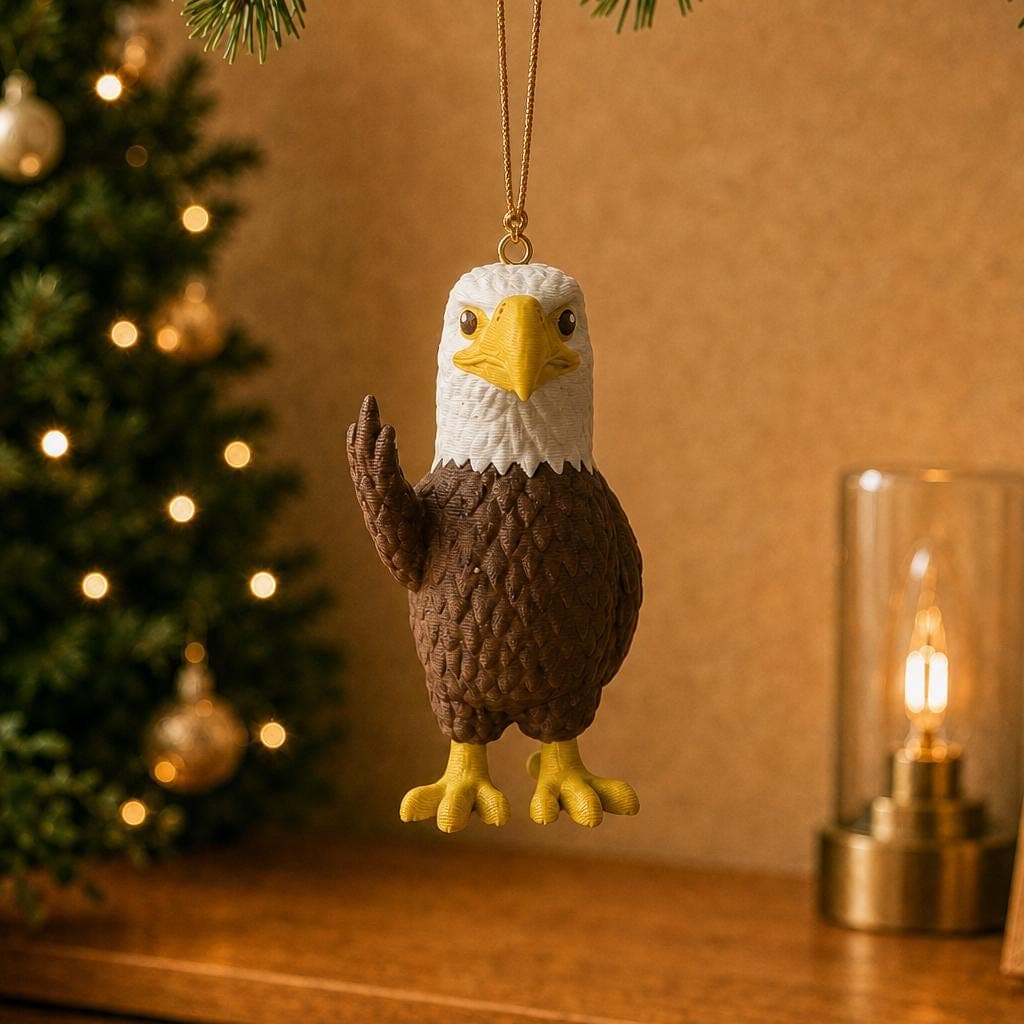 Funny bald eagle ornament hanging beside a decorated Christmas tree and warm lamp, with a white head, yellow beak and raised middle finger.