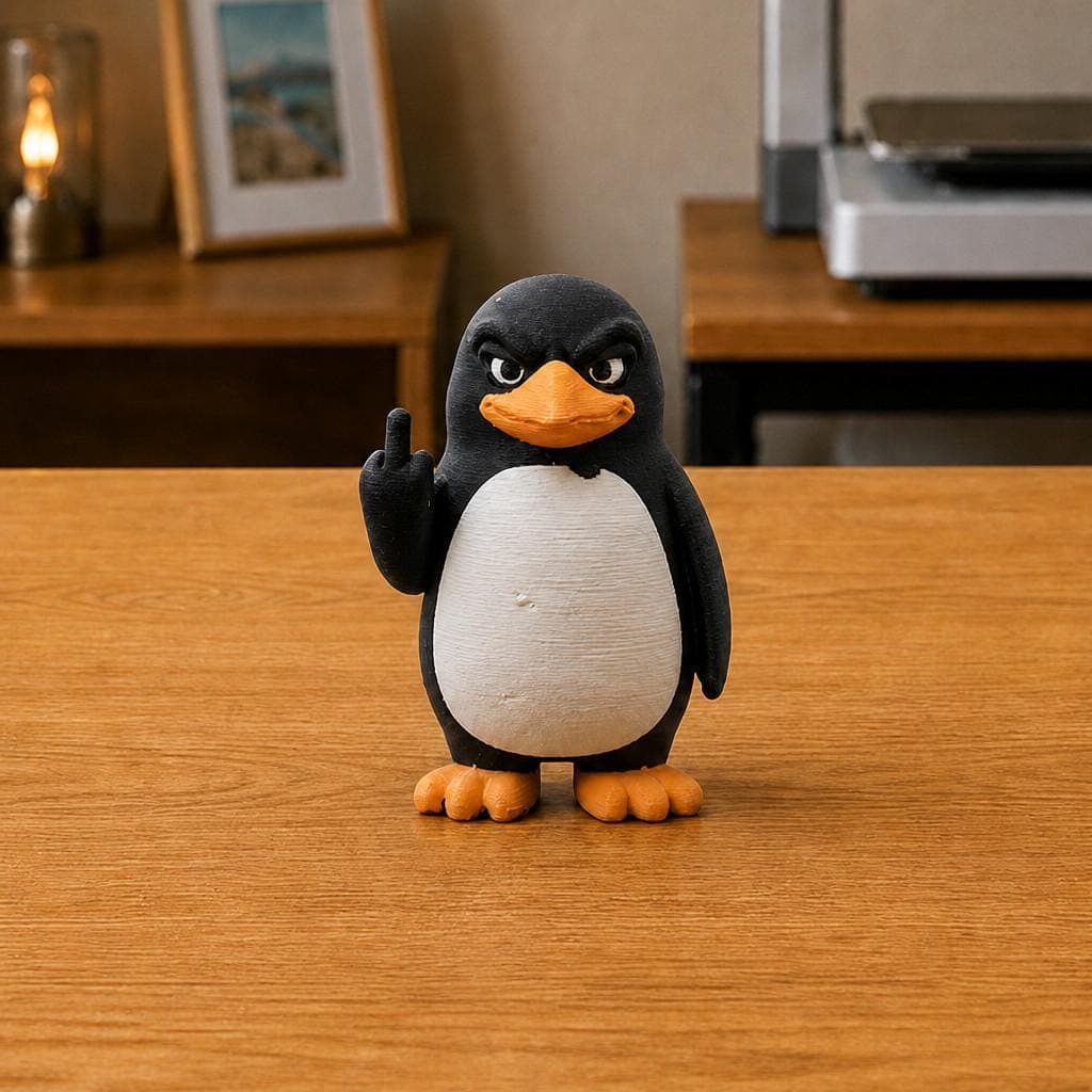 Funny black and white penguin figurine with an orange beak and feet, shown from the front making a cheeky raised middle-finger gesture.