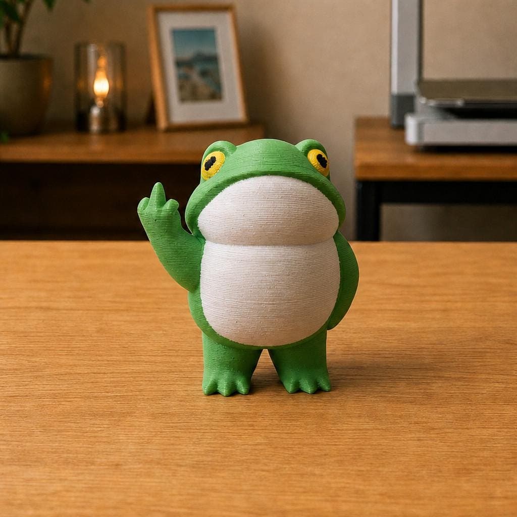 Funny green frog figurine with a round white belly and large yellow eyes, shown from the front making a cheeky raised middle-finger gesture.