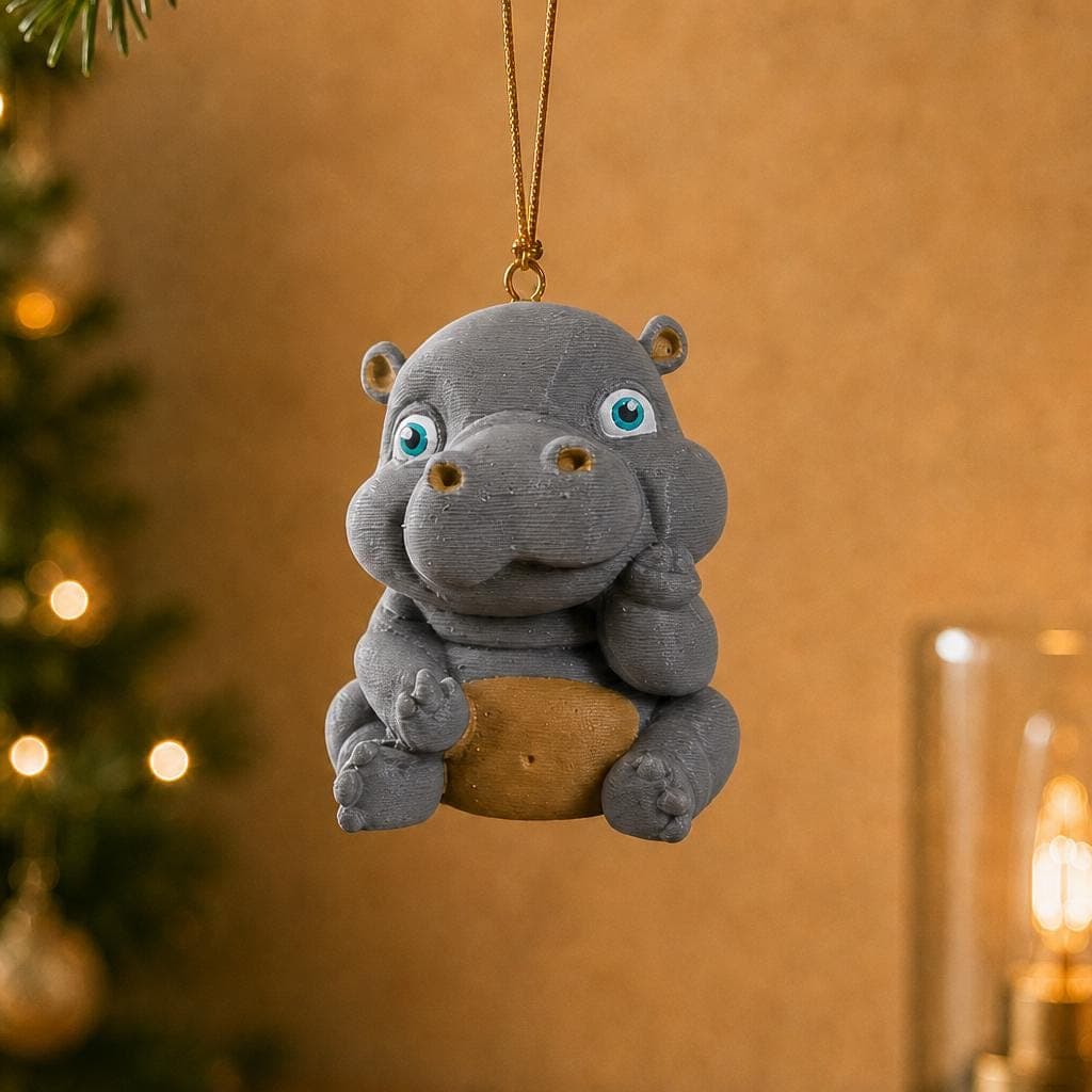 Cute seated hippopotamus Christmas ornament hanging beside a decorated tree and warm lamp, with blue eyes, grey skin and a tan belly.