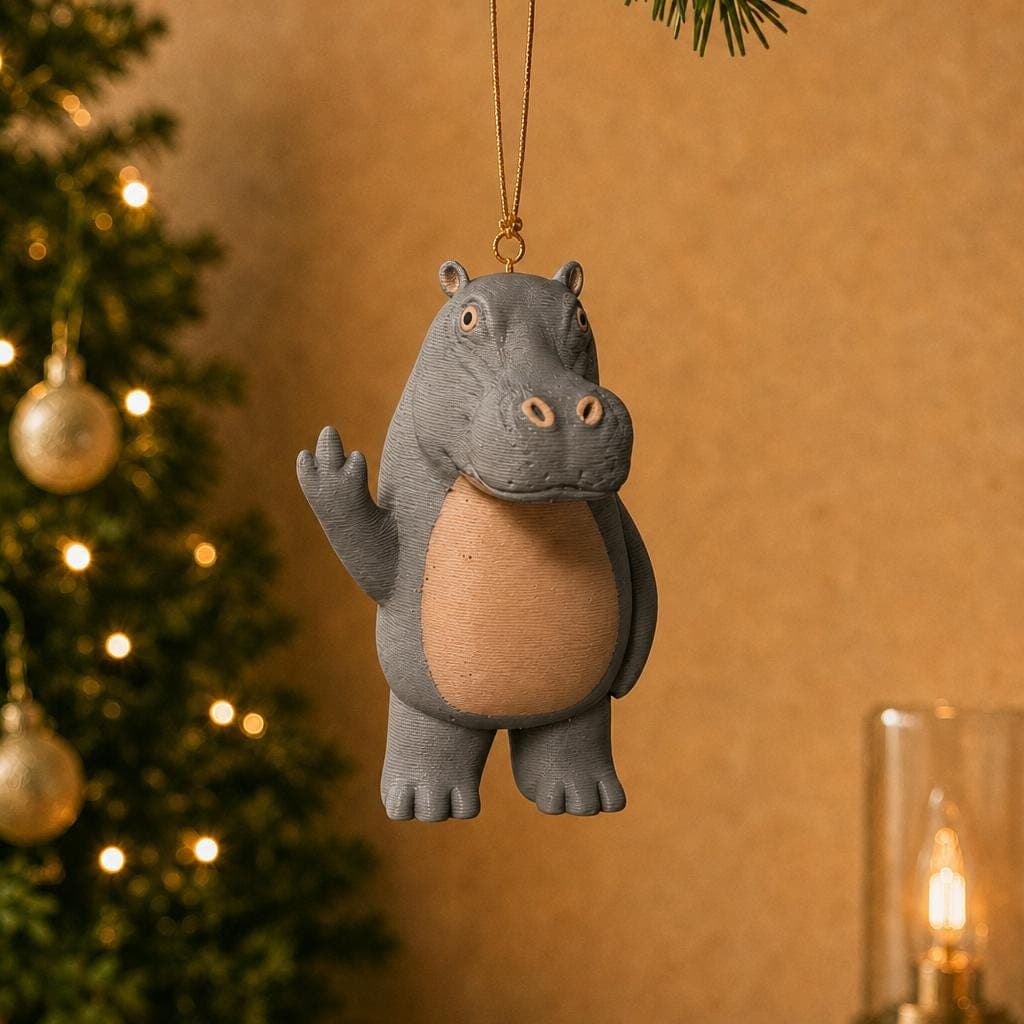 Funny grey hippopotamus ornament hanging beside a decorated Christmas tree and warm lamp, with a tan belly and raised middle finger.