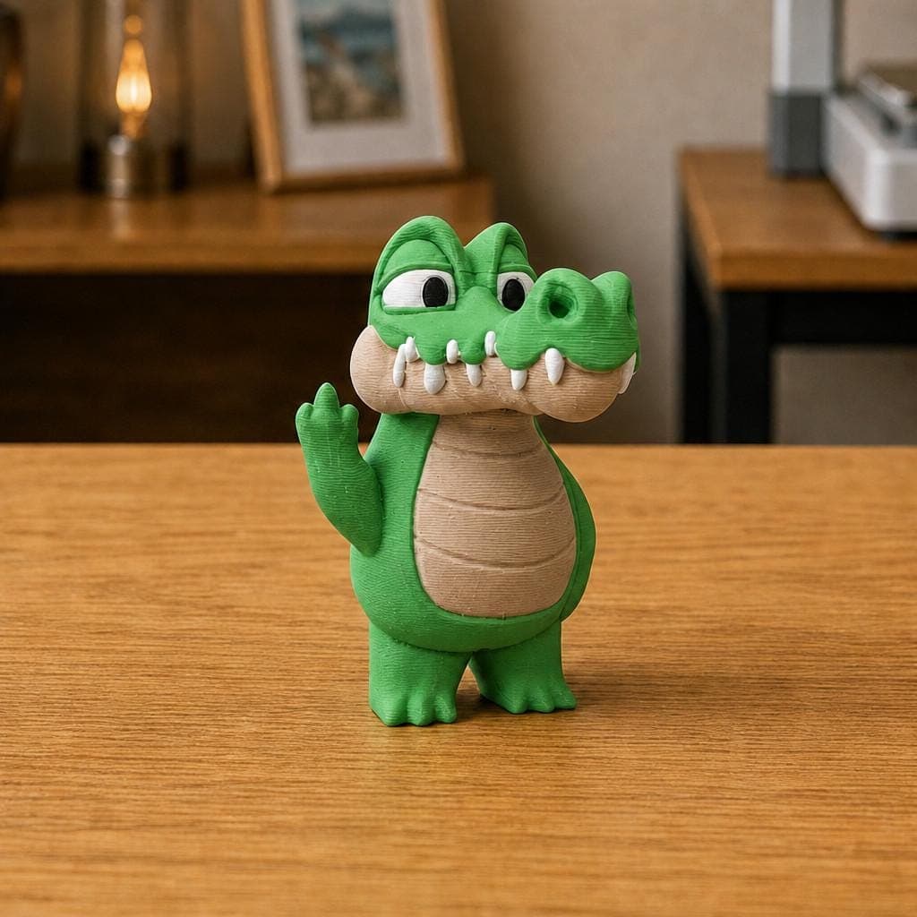 Funny green crocodile figurine with a tan belly, wide snout and large white teeth, shown from the front making a raised middle-finger gesture.