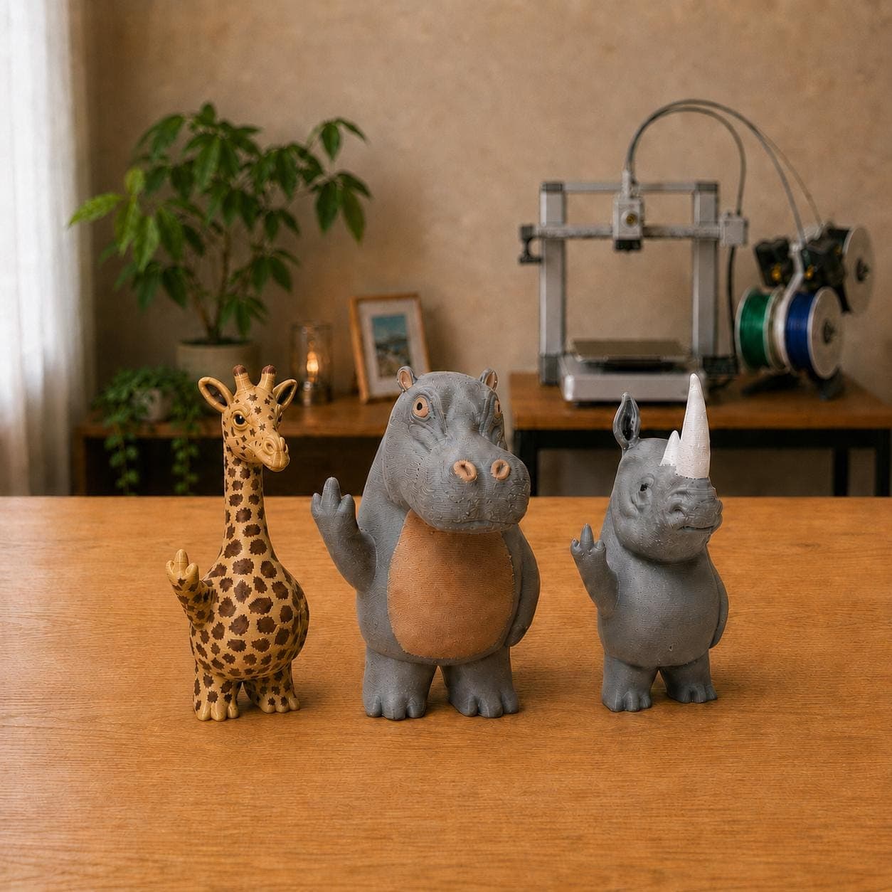 Funny animal figurine set featuring a spotted giraffe, grey hippo and rhinoceros, displayed together with matching raised middle-finger gestures.