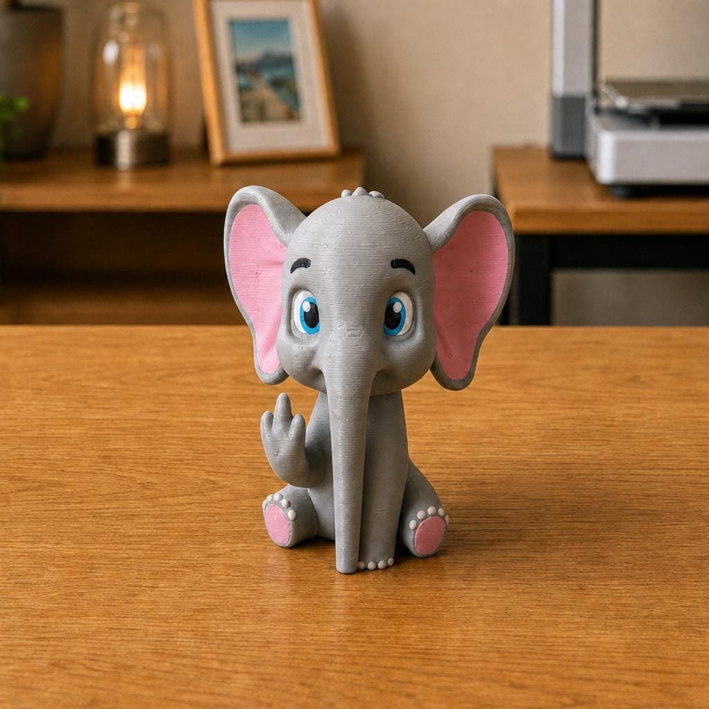 Cute seated elephant figurine with bright blue eyes, oversized pink ears and a long trunk, shown from the front making a cheeky hand gesture.