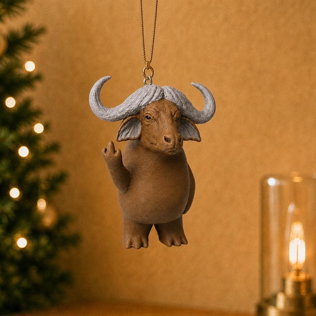 Funny Highland cow ornament hanging beside a decorated Christmas tree and warm lamp, with shaggy brown fur, pale horns and raised middle finger.