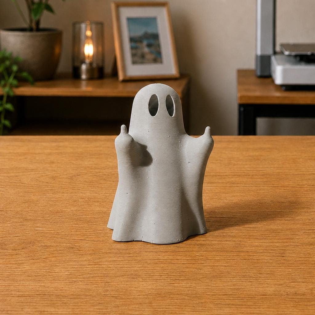 Funny white ghost figurine with two black oval eyes and a flowing sheet shape, shown from the front making cheeky raised middle-finger gestures.