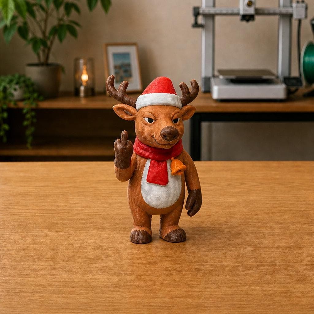 Funny Christmas reindeer figurine wearing a red Santa hat and scarf, shown from the front with antlers and a raised middle-finger gesture.
