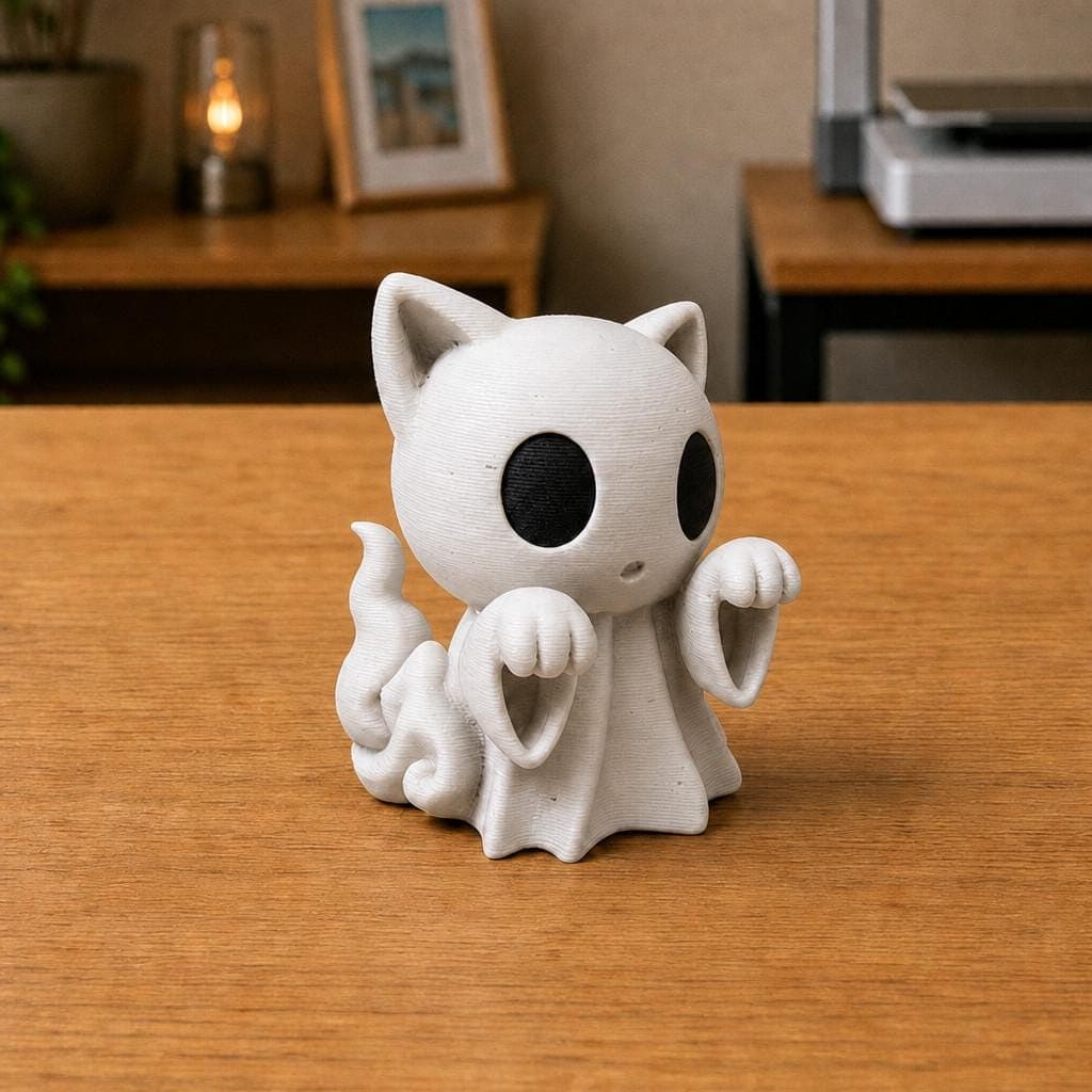 Cute white ghost cat figurine with pointed ears, oversized black eyes, curled tail and flowing sheet-like body, shown from the front.