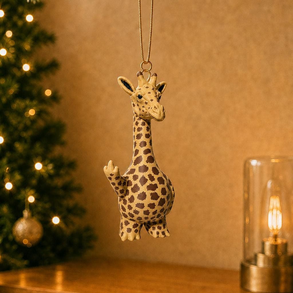 Funny spotted giraffe ornament hanging beside a decorated Christmas tree and warm lamp, with a long neck and raised middle-finger gesture.