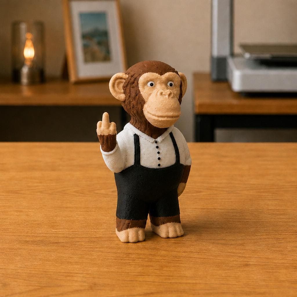 Funny brown monkey figurine wearing a white buttoned shirt, black suspenders and shorts, shown from the front making a raised middle-finger gesture.