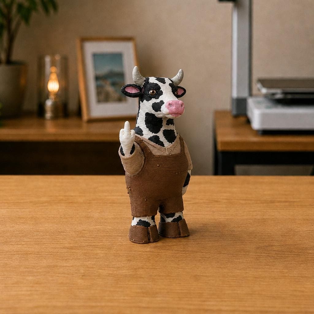 Funny black and white cow figurine wearing brown overalls, shown from the front with small horns, a pink muzzle and raised middle-finger gesture.