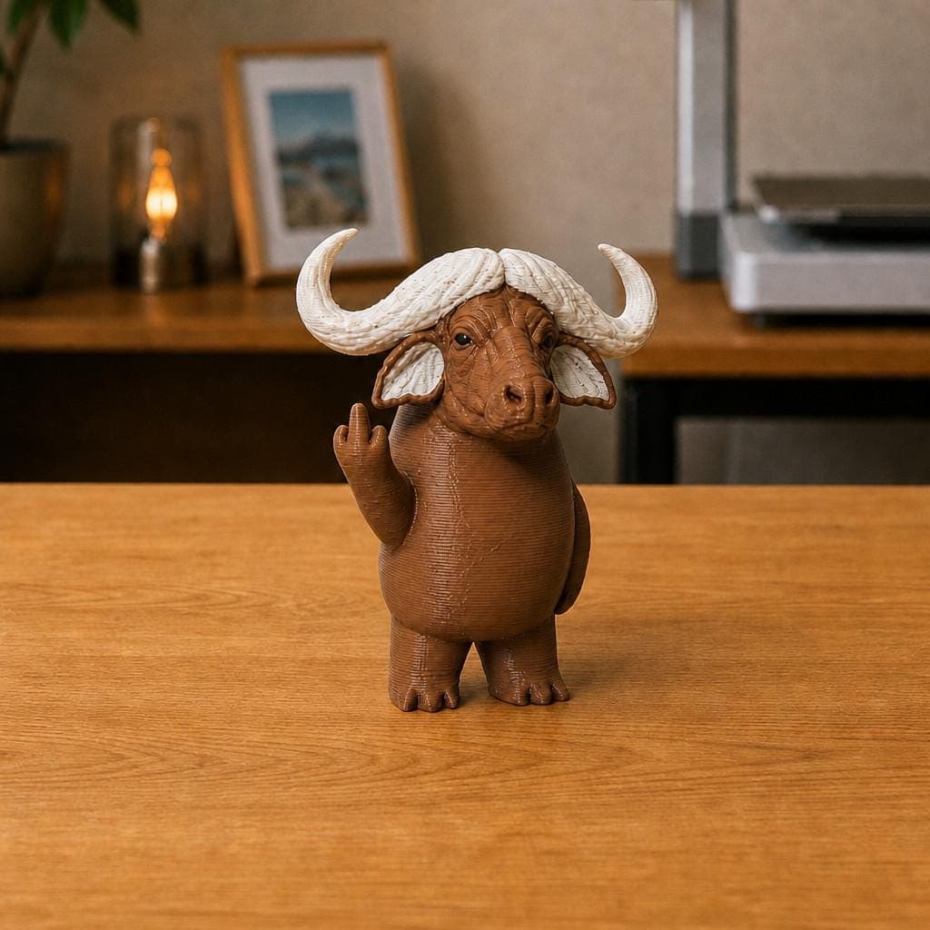 Funny brown Highland cow figurine with shaggy hair and long curved white horns, shown from the front making a cheeky raised middle-finger gesture.