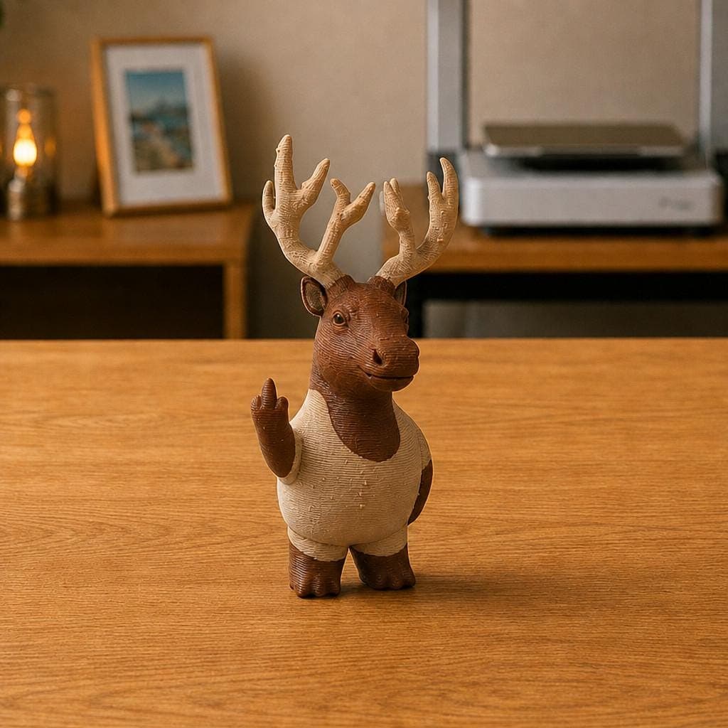 Funny brown stag figurine with large branching cream antlers and a pale belly, shown from the front making a cheeky raised middle-finger gesture.