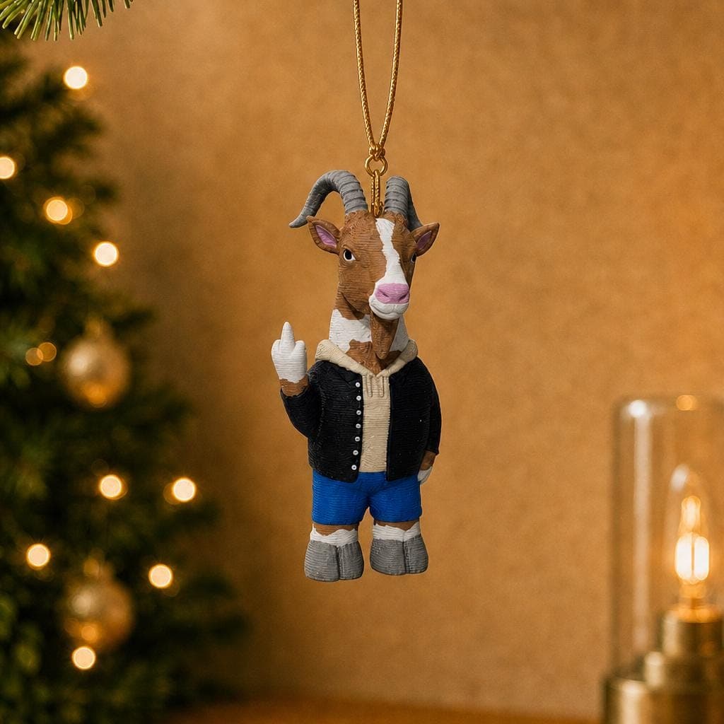 Funny goat ornament hanging beside a decorated Christmas tree and warm lamp, wearing a black jacket and blue shorts with a raised middle finger.