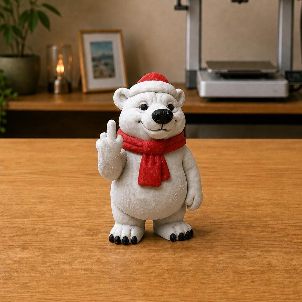 Funny Christmas polar bear figurine wearing a red Santa hat and scarf, shown from the front making a cheeky raised middle-finger gesture.