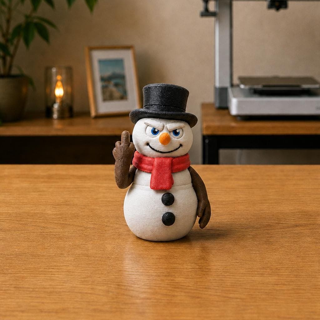 Funny snowman figurine wearing a black top hat and red scarf, shown from the front with a carrot nose and raised middle-finger gesture.