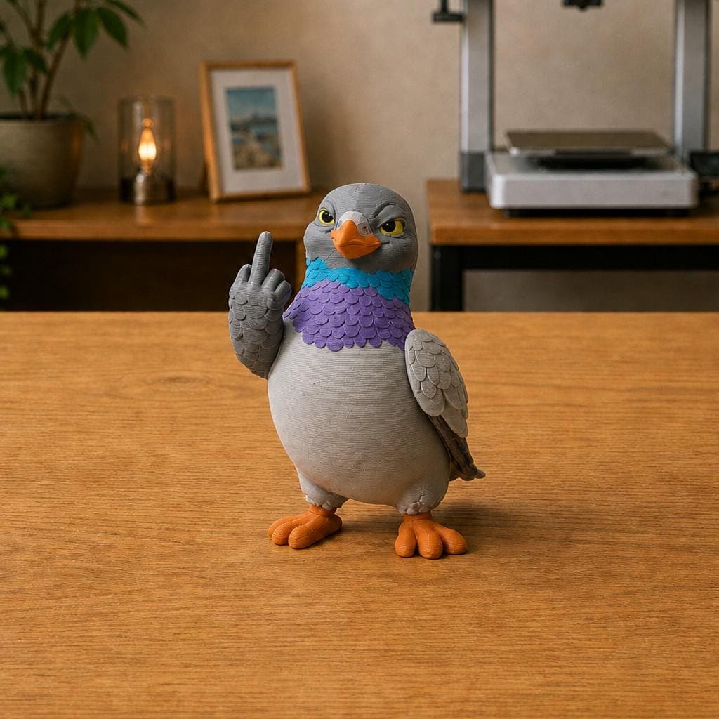 Funny pigeon figurine with grey feathers, orange feet and a purple and turquoise neck, shown from the front raising its middle finger.