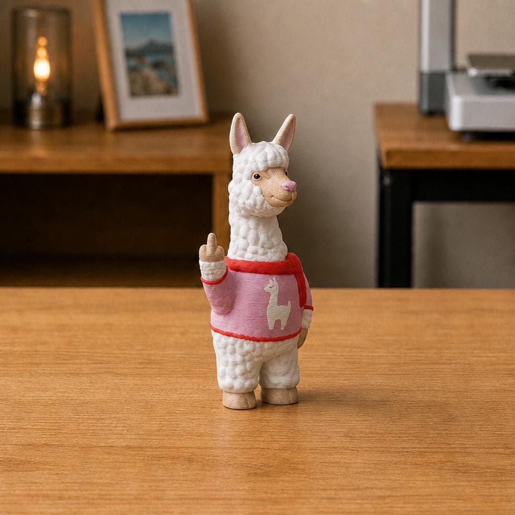 Funny white llama figurine wearing a pink sweater with a llama motif, shown from the front making a cheeky raised middle-finger gesture.