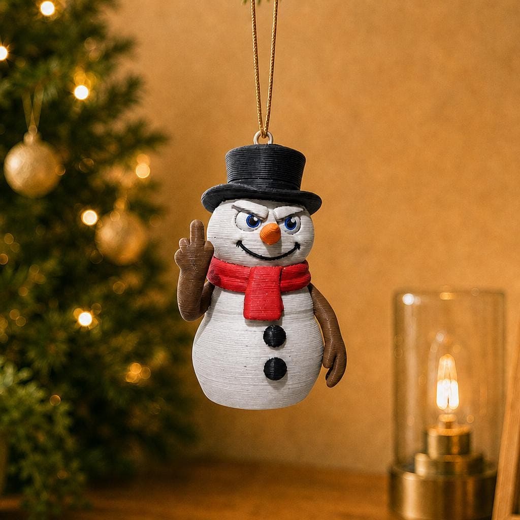 Funny snowman Christmas ornament hanging beside a decorated tree, wearing a black top hat and red scarf with a raised middle-finger gesture.