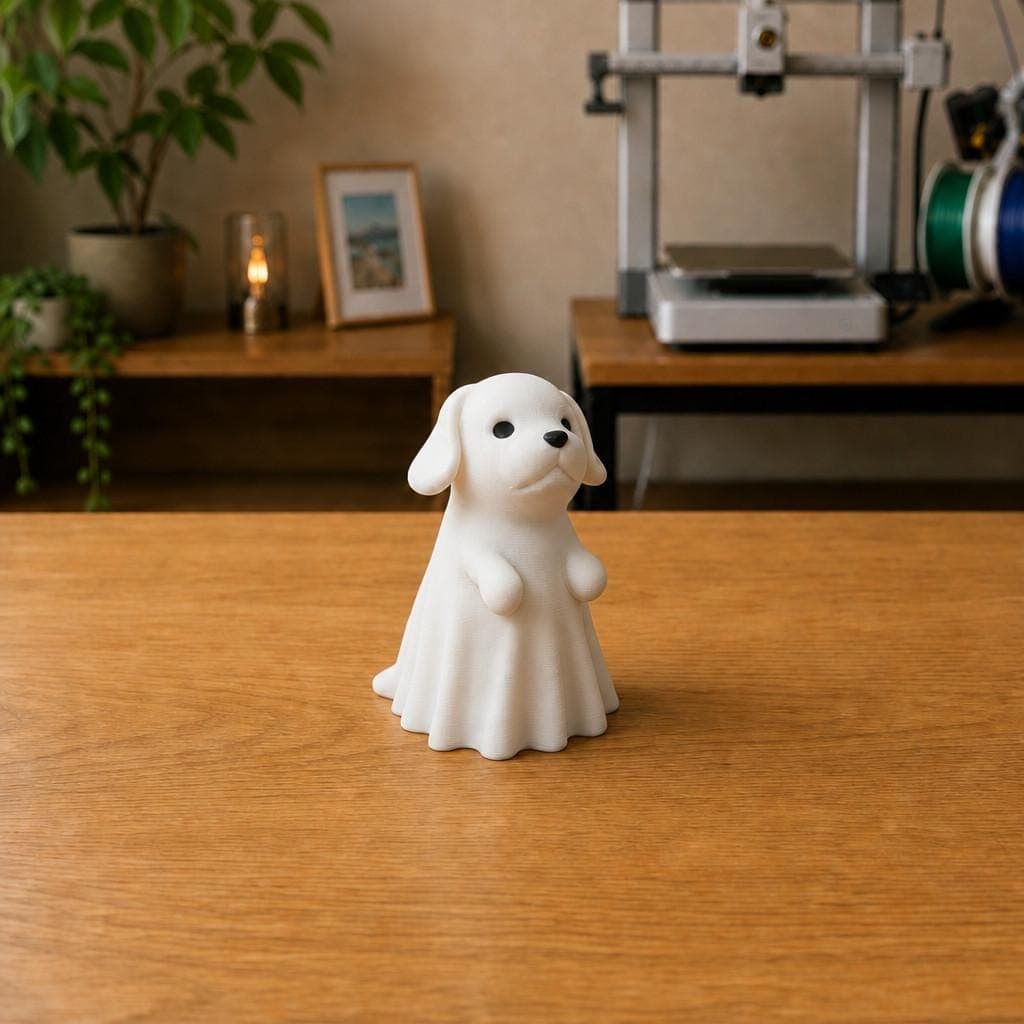 Cute white ghost puppy figurine with floppy ears, black eyes and raised front paws, shown from the front in a flowing sheet-shaped body.