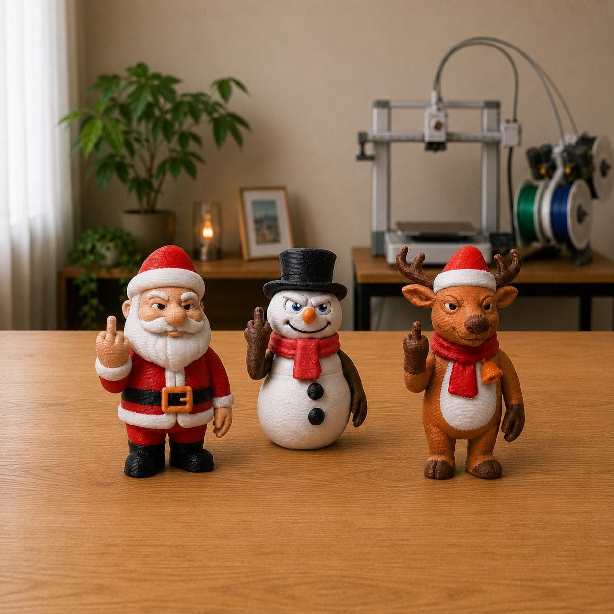 Funny Christmas figurine set with Santa Claus, a snowman and a reindeer standing together, each making a cheeky raised middle-finger gesture.