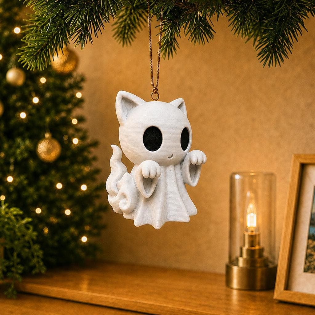 Cute white ghost cat Christmas ornament hanging from a pine branch beside a decorated tree, with pointed ears, black eyes and curled tail.