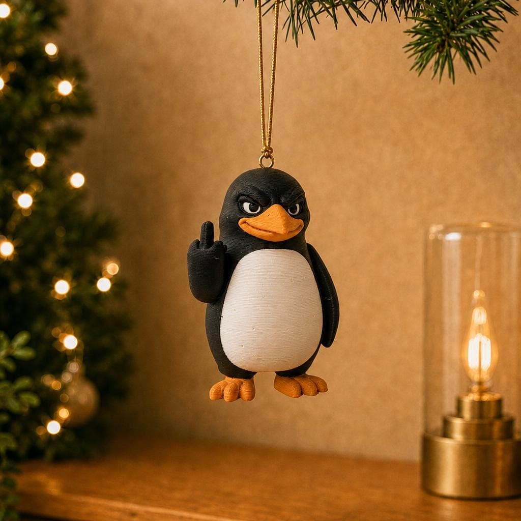 Funny penguin Christmas ornament hanging from a pine branch beside a decorated tree and warm lamp, with a white belly and raised middle finger.