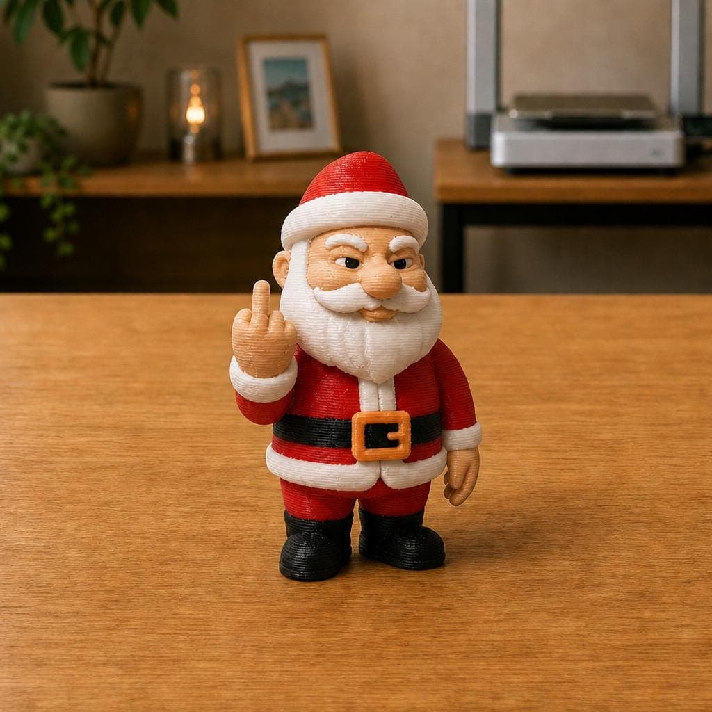 Funny Santa Claus figurine in a classic red suit with white beard and black belt, shown from the front making a cheeky raised middle-finger gesture.