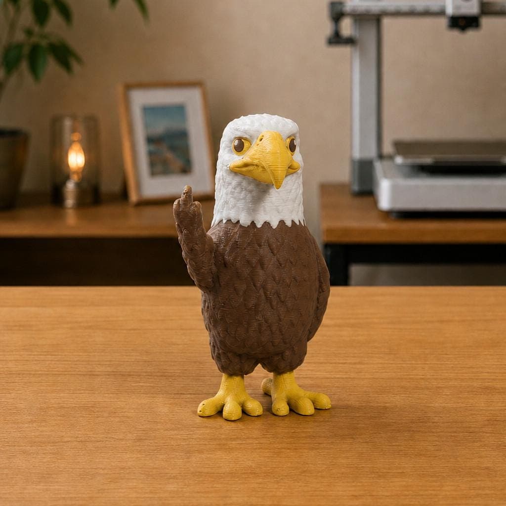 Funny bald eagle figurine with a brown feathered body, white head and yellow beak, shown from the front making a cheeky raised middle-finger gesture.