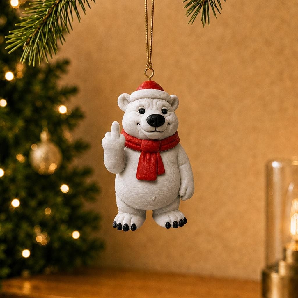 Funny polar bear Christmas ornament hanging beside a decorated tree, wearing a red Santa hat and scarf with a raised middle-finger gesture.
