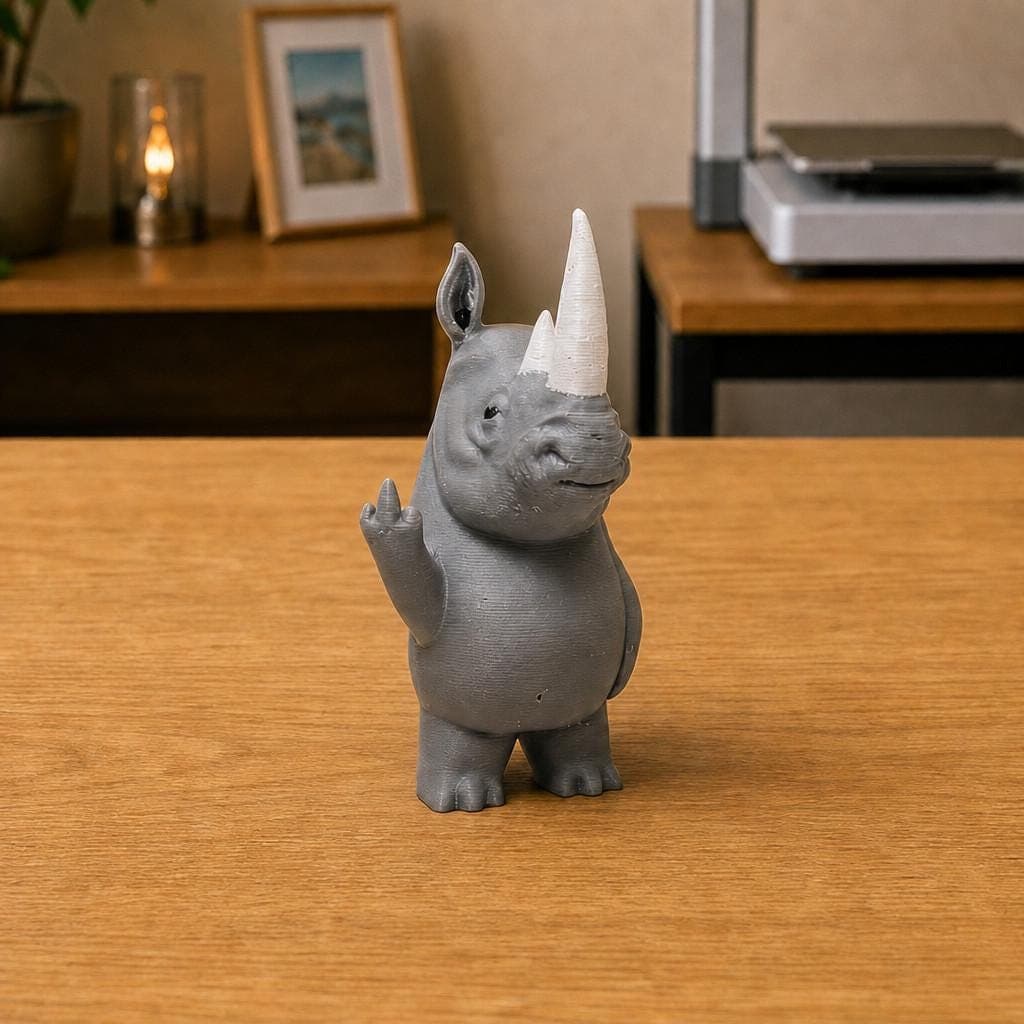 Funny grey rhinoceros figurine with two facial horns and pointed ears, shown from the front making a cheeky raised middle-finger gesture.